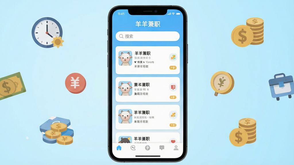 手机屏幕中央显示“羊羊兼职”应用主界面,界面布局简洁,上方为搜索栏,中间为兼职岗位卡片列表,下方为导航栏,背景为明亮干净的浅蓝色渐变,周围环绕代表时间与金钱的扁平化图标,整体风格清新现代,细节清晰,画质干净,无多余元素。