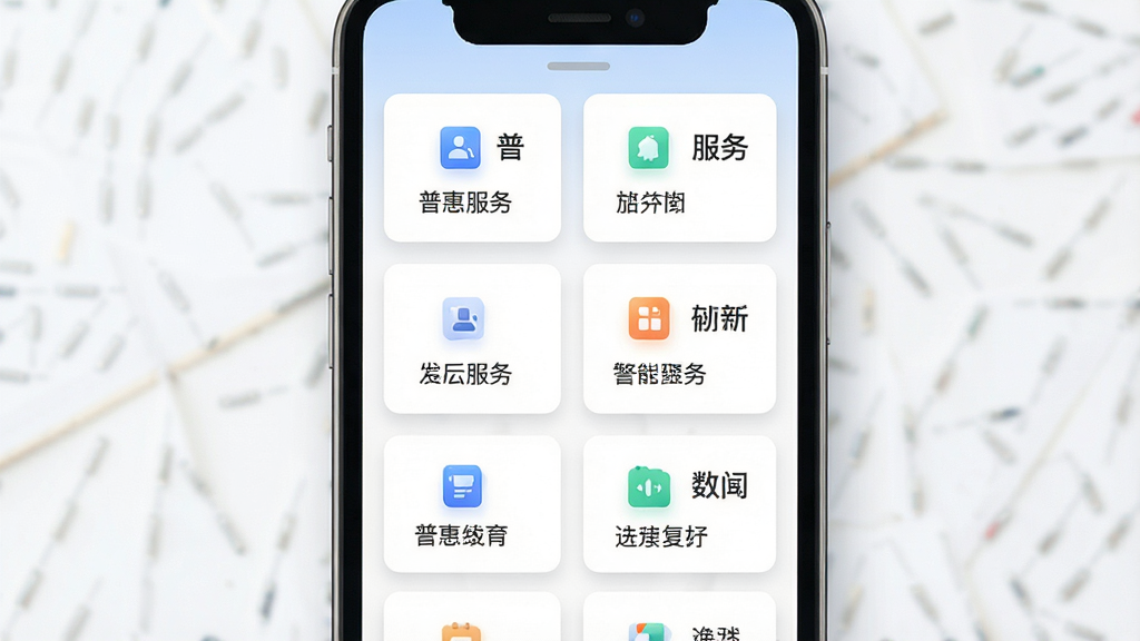 普惠空间功能聚合界面展示,主体为手机屏幕中多个服务卡片整齐排列,布局为两列网格,排版包含图标与文字标签,风格为清新简约商务风,细节为浅色背景与柔和阴影,画质高清,干净,无多余元素
