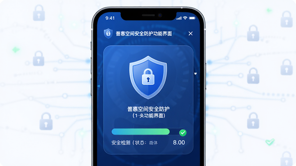 普惠空间安全防护功能界面,主体为手机屏幕显示盾牌图标与安全检测进度条,布局为居中卡片式,排版包含文字说明与状态指示,风格为科技蓝调,细节为锁形图标与绿色对勾标记,画质高清,干净,无多余元素