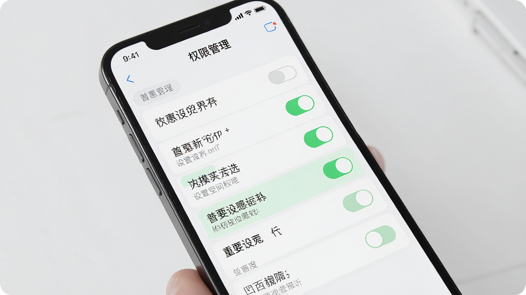 普惠空间安装设置界面指引图,主体为手机屏幕显示权限管理页面,布局为列表式开关选项,排版包含文字说明与开关按钮,风格为极简浅色,细节为高亮标注重要权限项,画质高清,干净,无多余元素