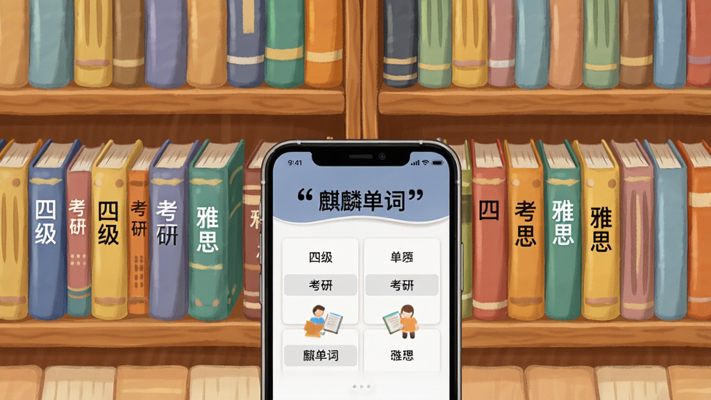 画面主体是一排排整齐的书架,书架上摆放着不同颜色的书籍,每本书的书脊上写着不同的单词类别如“四级”“考研”“雅思”,书架前方有一部手机,手机屏幕显示“麒麟单词”的选词界面,布局为书架占据背景,手机位于前景中央,风格为温馨学习场景插画,细节包括书籍的立体感、手机屏幕的清晰文字、书架的木质纹理,画质高清,画面干净,无多余元素,图片中文字必须加引号:“麒麟单词”。