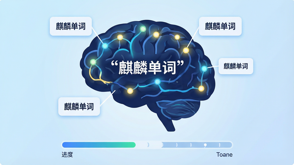 画面主体是一个抽象的大脑与数据图表结合的图形,大脑内部有发光的神经节点,节点之间连接着单词卡片,卡片上写着“麒麟单词”字样,布局上方是大脑图形,下方是进度条和时间轴,风格为科技感扁平插画,细节包括节点发光效果、卡片边缘的圆角处理、背景的淡蓝色渐变,画质高清,画面干净,无多余元素,图片中文字必须加引号:“麒麟单词”。