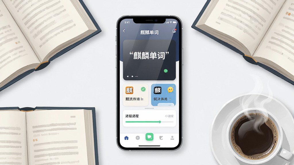 画面主体是一部智能手机,手机屏幕显示麒麟单词APP的首页界面,界面上有单词卡片和进度条,手机周围散落着几本翻开的书本和一杯咖啡,整体布局采用俯视视角,手机位于画面中央,书本和咖啡作为点缀分布在两侧,排版简洁干净,风格为现代简约数码插画风,细节包括手机屏幕的反光质感、书本纸张的纹理、咖啡杯的热气,画质高清,画面干净,无多余元素,图片中文字必须加引号:“麒麟单词”。