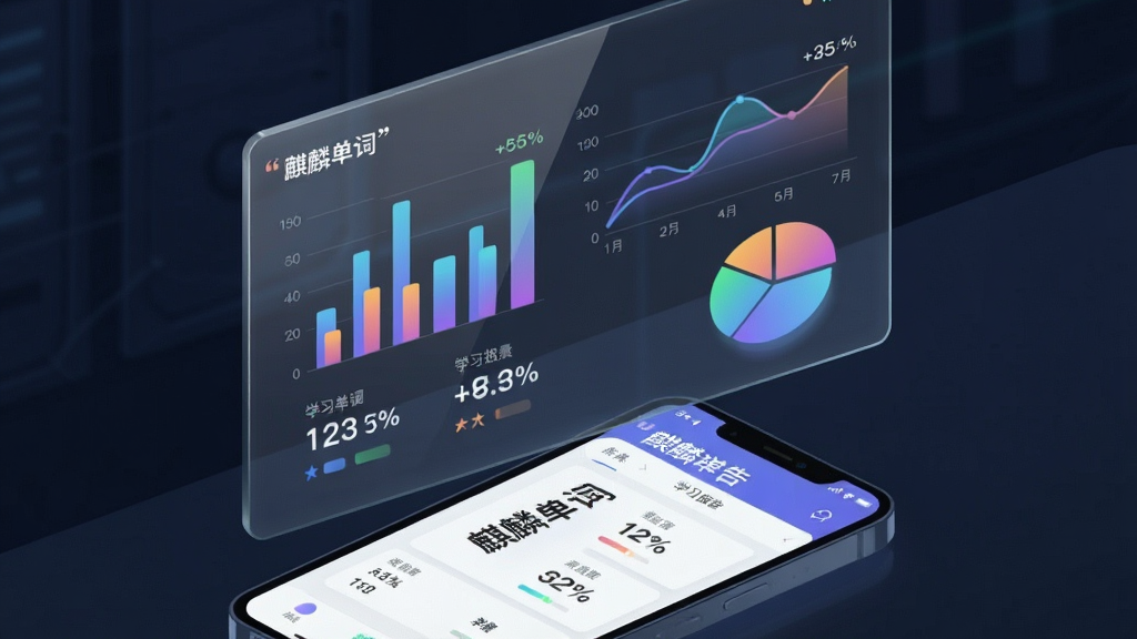 画面主体是一块悬浮的透明数据面板,面板上显示柱状图、折线图和饼图,图表旁边有数字和百分比,面板下方有一部手机,手机屏幕显示“麒麟单词”的学习报告页面,布局为数据面板在上,手机在下,风格为科技感数据可视化插画,细节包括图表的渐变配色、面板的玻璃质感、数字的清晰字体,画质高清,画面干净,无多余元素,图片中文字必须加引号:“麒麟单词”。