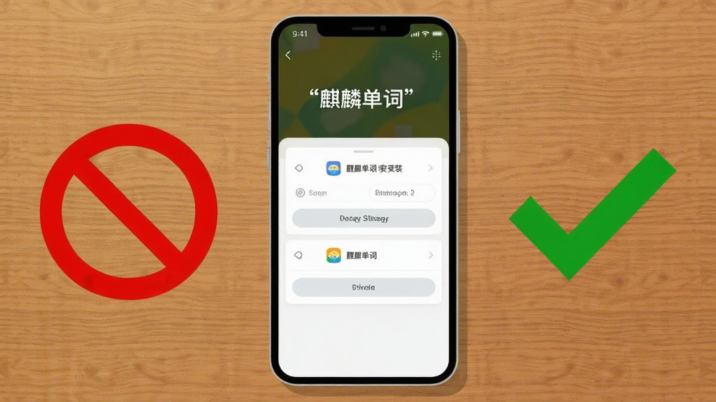 画面主体是一部手机放置在桌面上,手机屏幕显示麒麟单词的安装权限设置界面,手机旁边有一个红色的禁止符号和一个绿色的对勾符号,布局为手机居中,符号分布在两侧,风格为扁平化提示插画,细节包括手机屏幕的清晰界面、符号的鲜明色彩对比、桌面的木纹质感,画质高清,画面干净,无多余元素,图片中文字必须加引号:“麒麟单词”。