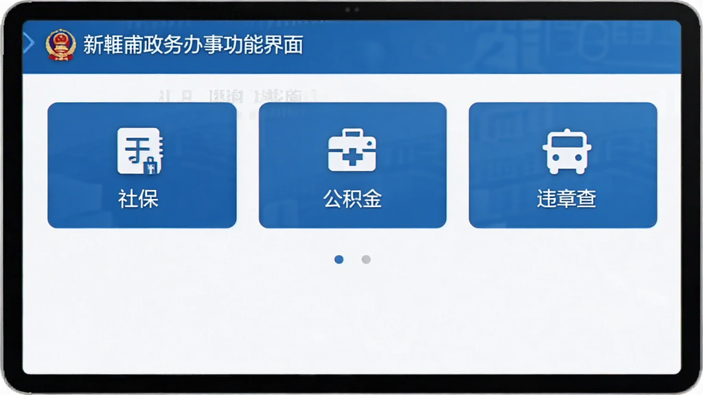 新畿辅政务办事功能界面截图,展示社保、公积金、违章查询等图标按钮,布局规整,配色以蓝色为主,风格商务简洁,画质清晰,干净无多余元素