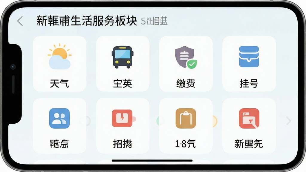 新畿辅生活服务板块截图,展示天气、公交、缴费、挂号等图标网格,每个图标下方有文字说明,界面清新浅色,画质清晰,干净无多余元素