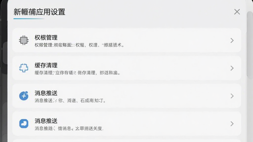 新畿辅应用设置界面截图,展示权限管理、缓存清理、消息推送等选项,界面素雅极简,画质清晰,干净无多余元素