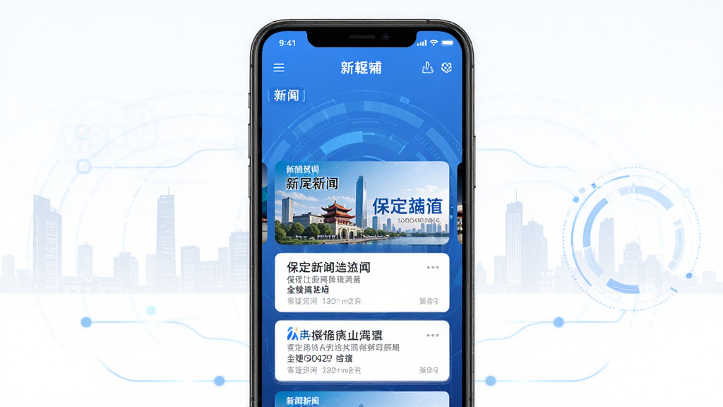 新畿辅 手机应用 主界面展示 保定城市背景 新闻资讯卡片 蓝色科技风格 中心构图 干净简洁 高清画质