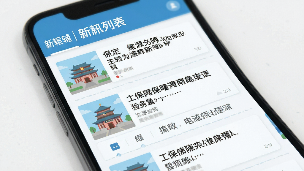 新畿辅 资讯列表页面 手机屏幕 显示多条新闻标题 保定地标建筑 清新蓝色调 扁平化设计 细节清晰 画质干净