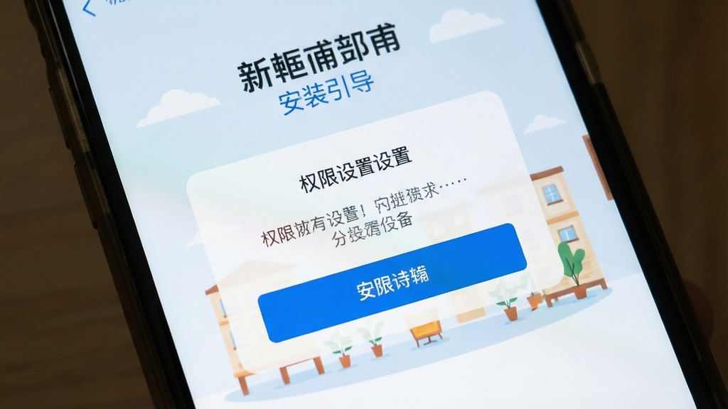新畿辅 安装引导页面 手机屏幕 权限设置弹窗 蓝色按钮 扁平插画风格 简洁明朗 画质清晰