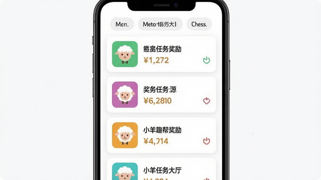 手机界面显示小羊趣帮悬赏任务大厅,多个任务卡片纵向排列,每张卡片左侧有彩色图标,右侧显示任务名称和奖励数字,顶部有筛选标签,背景白色,布局整齐,扁平化设计风格,画质清晰干净