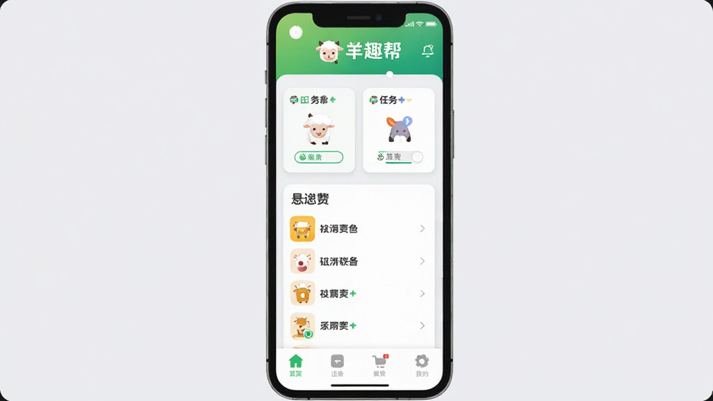手机屏幕中央展示小羊趣帮应用主界面,顶部绿色渐变标题栏,中间排列任务卡片和悬赏列表,底部导航栏四个图标,背景为浅灰色,界面干净整洁,矢量扁平风格,细节清晰,画质高清,无多余元素