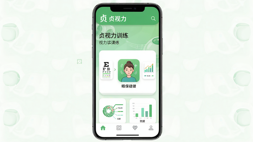 贞视力训练 安卓版软件界面展示 主体为一款手机应用主界面 布局为中心展示视力训练课程卡片 排版采用上下结构 上方为品牌Logo与问候语 中部为训练项目入口 底部为导航栏 风格为清新护眼绿色调 细节包含视力表图标、眼保健操动画图标、数据图表 画质高清 干净 无多余元素