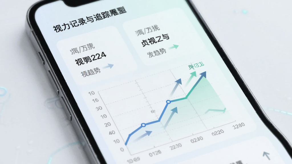 贞视力训练 数据记录与追踪界面 主体为手机屏幕展示视力变化折线图 布局为上方数据概览下方图表 排版简洁 风格为科技感浅色背景 细节包含日期轴、视力数值、趋势箭头 画质清晰 干净 无多余元素
