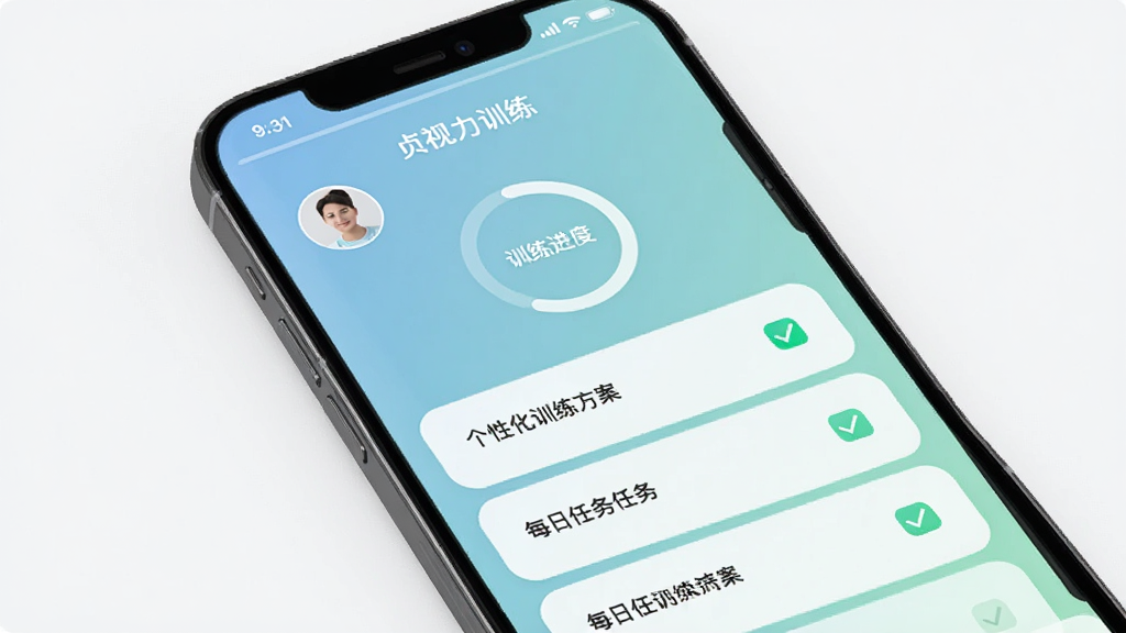 贞视力训练 个性化训练方案界面 主体为手机屏幕显示训练计划 布局为卡片式列表 排版清晰 风格为柔和蓝绿色渐变 细节包含用户头像、训练进度环、每日任务勾选标记 画质清晰 干净 无多余元素