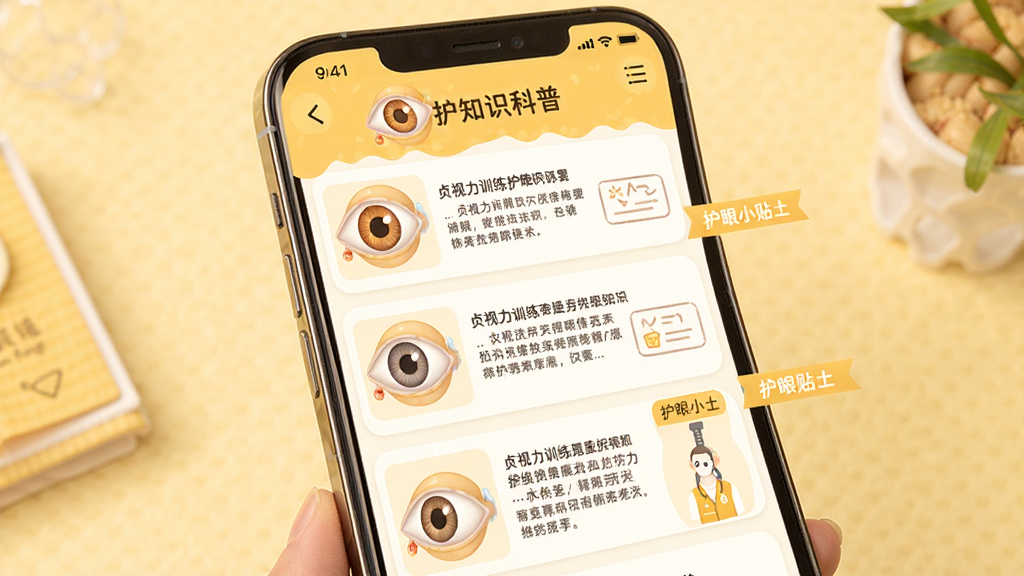 贞视力训练 护眼知识科普界面 主体为手机屏幕展示科普文章列表 布局为图文混排 排版错落有致 风格为温暖护眼黄色调 细节包含眼睛模型插图、护眼小贴士标签 画质清晰 干净 无多余元素