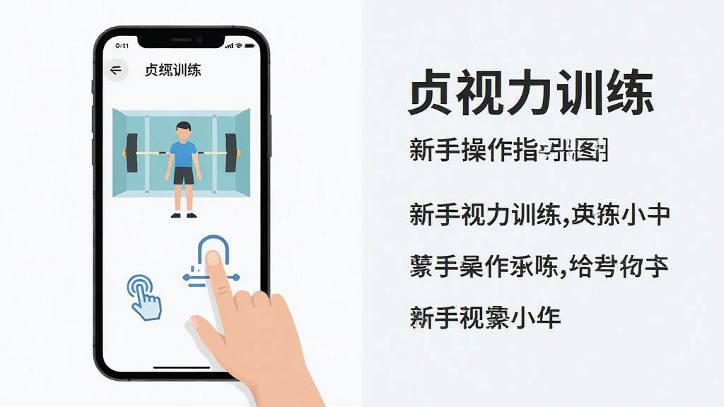 贞视力训练 新手操作指引图 主体为手机屏幕展示训练界面与手势操作 布局为左右分栏 左侧为界面截图 右侧为文字说明 排版整齐 风格为扁平化设计 细节包含点击、滑动图标 画质清晰 干净 无多余元素