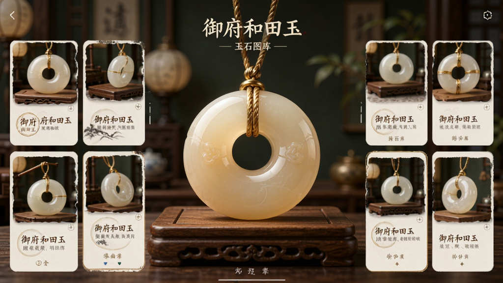 御府和田玉应用内高清玉石图库界面,画面中心展示一块羊脂白玉平安扣,主体突出玉石温润质感,布局采用卡片式网格排列,排版整齐有序,风格为高端中式美学,细节包含柔和灯光、木质展示台、背景虚化效果,画质超清干净无多余元素,图片中文字显示“御府和田玉”