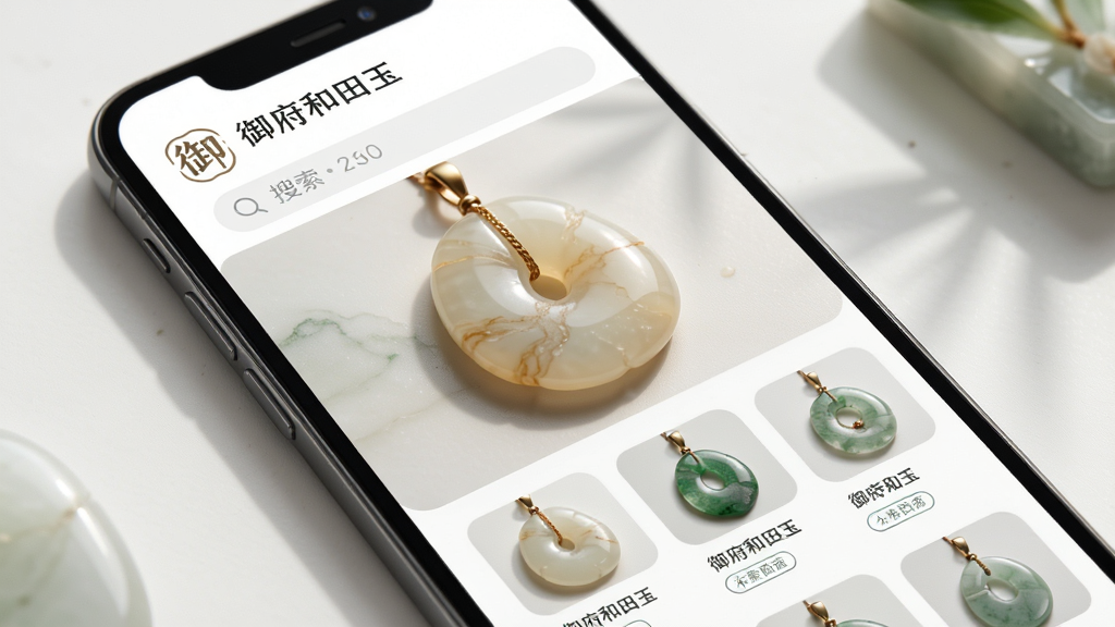手机屏幕展示御府和田玉应用界面,主体为一块温润白玉吊坠的高清图片,布局采用上下结构,上方是应用logo和搜索栏,下方是玉石产品网格展示,排版简洁清晰,风格为现代中式极简风,细节包含玉石纹理、柔和阴影、产品卡片圆角设计,画质高清干净无多余元素,图片中文字标注“御府和田玉”