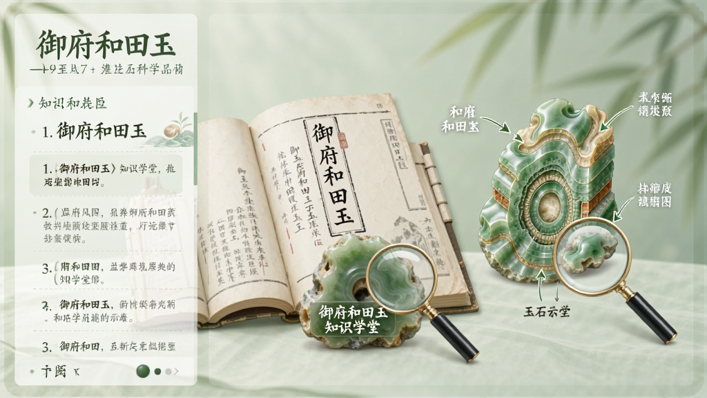 御府和田玉知识学堂界面,主体为一本打开的电子书与和田玉原石摆件组合,布局采用左右分栏,左侧为知识文章列表,右侧为玉石结构示意图,排版清晰易读,风格为教育科普风,细节包含放大镜、标注箭头、柔和背景色,画质高清干净无多余元素,图片中文字显示“御府和田玉”