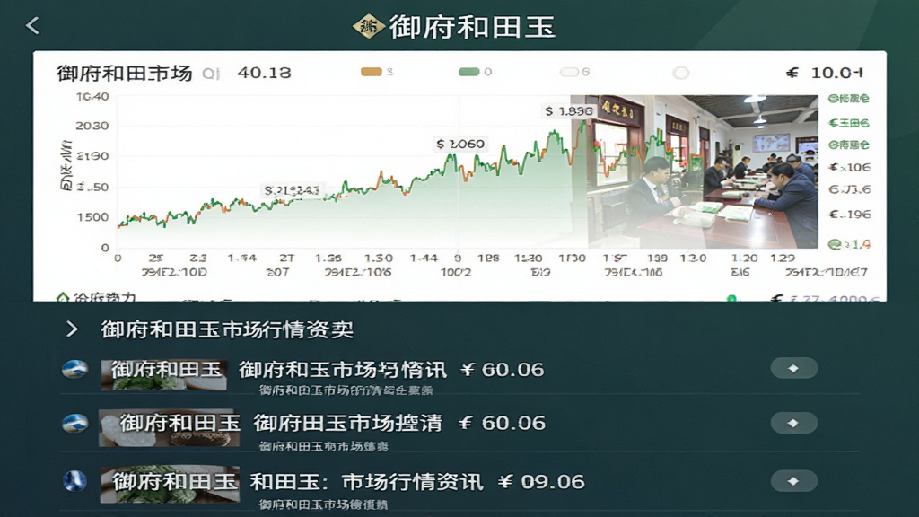 御府和田玉市场行情资讯页面,主体为手机屏幕显示价格走势折线图与玉石拍卖现场照片,布局采用上下结构,上方为图表下方为资讯列表,排版专业整洁,风格为商务资讯风,细节包含数据标注、时间轴、货币符号,画质高清干净无多余元素,图片中文字显示“御府和田玉”
