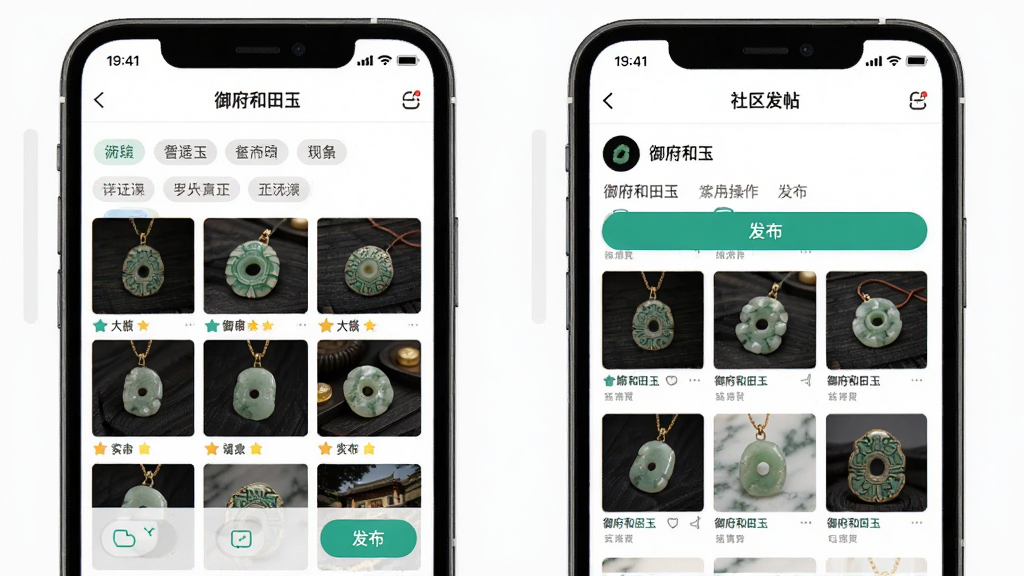 御府和田玉应用操作界面示意图,主体为手机屏幕展示图库筛选与社区发帖两个页面并排,布局采用左右对比,排版清晰直观,风格为扁平化UI展示,细节包含筛选标签、发布按钮、图片缩略图,画质高清干净无多余元素,图片中文字显示“御府和田玉”