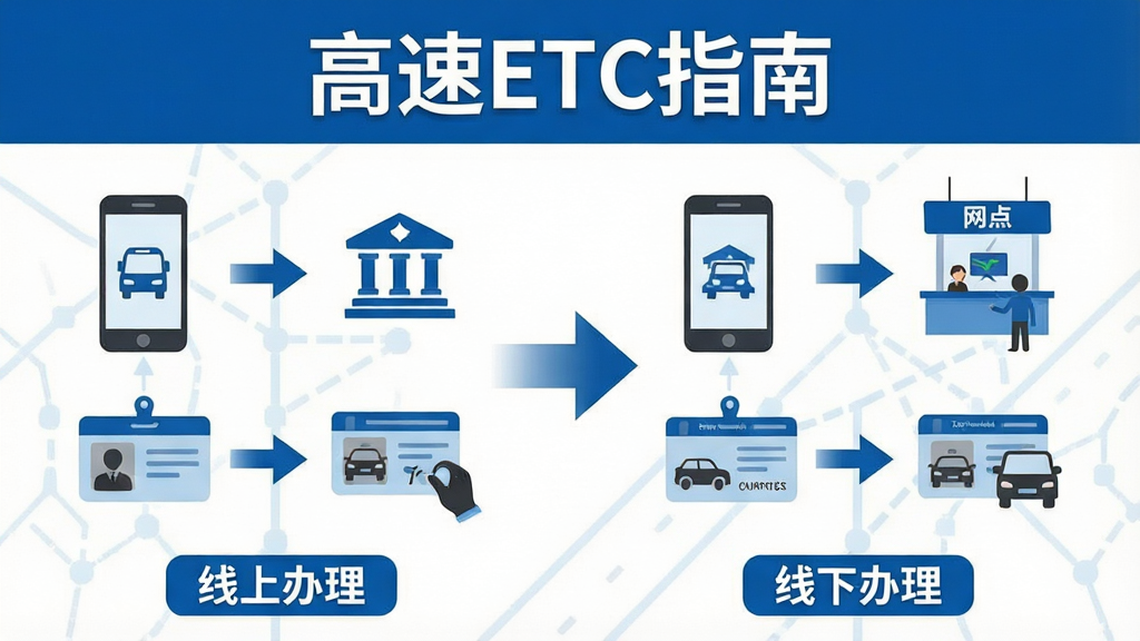 一张信息图表风格的插图,画面分为左右两部分,左侧展示线上申请ETC的步骤流程图,右侧展示线下网点办理的步骤流程图,中间用箭头连接。图表上方有醒目的标题文字