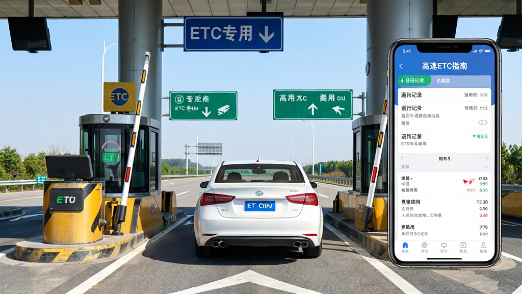 一张展示高速公路收费站的场景图,画面中央是一辆白色轿车正在通过ETC专用车道,车道上方有蓝色指示牌写着