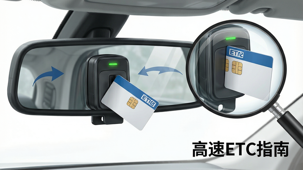 一张教学示意图,画面展示一辆汽车的挡风玻璃内侧,一个OBU设备粘贴在后视镜后方,旁边有一张ETC卡片正在插入设备。画面右侧有放大镜效果展示卡片插入方向的细节,下方有