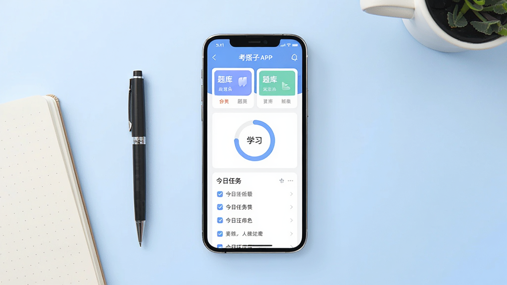 软件主界面展示,画面中央摆放一部智能手机,屏幕显示考搭子APP的首页界面,包含题库分类卡片、学习进度环形图、今日任务列表;背景为浅蓝色渐变,桌面干净整洁,旁边放着一支笔和一本笔记本;整体风格清新简约,排版居中对称,细节清晰,画质1080P,干净无多余元素