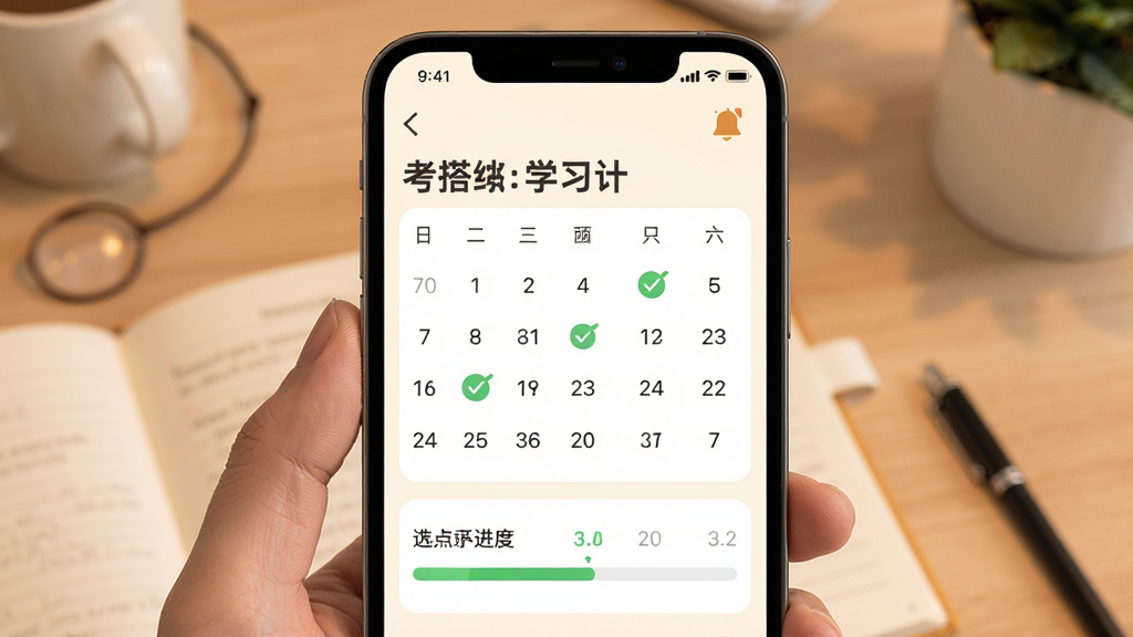 考搭子学习计划界面展示,手机屏幕中显示日历打卡记录和进度条,画面中有打勾完成标记和提醒铃铛图标,背景为暖白色,风格温馨励志,排版整齐,画质清晰,干净无多余元素