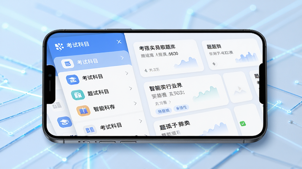 考搭子智能题库界面展示,手机屏幕中呈现题库分类列表和智能推荐标签,画面左侧为考试科目图标,右侧为题目卡片,背景为淡蓝色科技感光效,整体风格简洁现代,排版清晰,画质高清,干净无多余元素