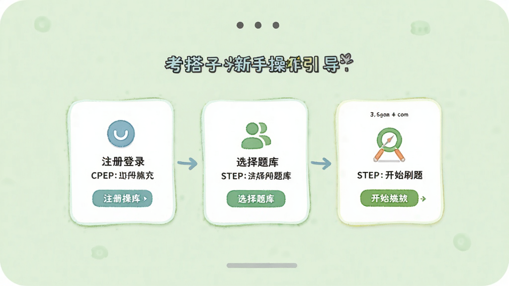 考搭子新手操作引导页面展示,手机屏幕中显示分步操作图示,包含注册登录、选择题库、开始刷题三个步骤卡片,背景为浅绿色,风格友好亲切,排版清晰,画质高清,干净无多余元素