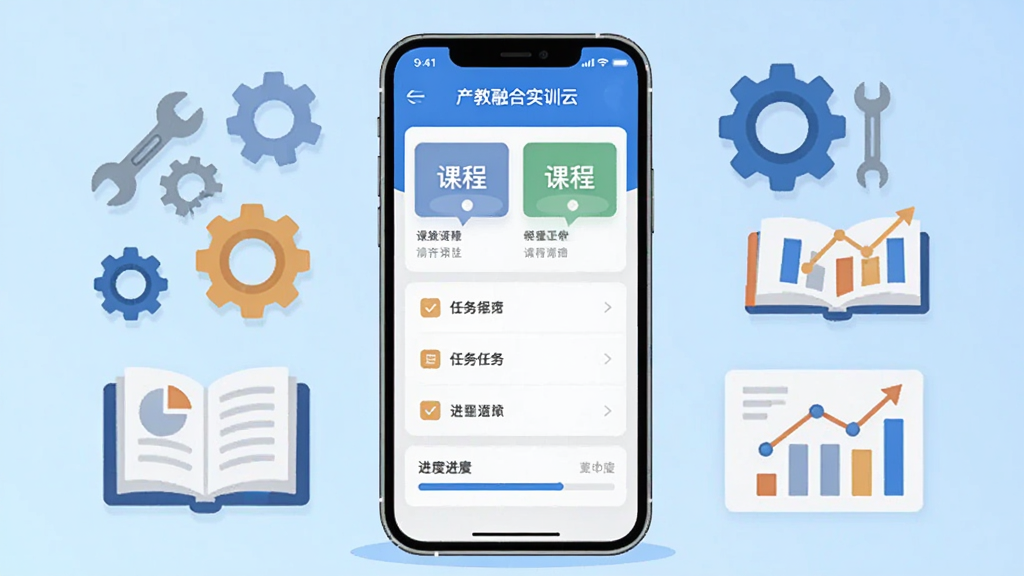 画面中央放置一部智能手机,手机屏幕显示“产教融合实训云”应用界面,界面中包含课程卡片、任务列表与进度条。手机周围环绕扳手、齿轮、书本、数据图表等实训与教育相关的扁平化图标。背景为浅蓝色渐变,整体采用干净现代的UI插画风格,排版居中对称,画质清晰,无多余元素。