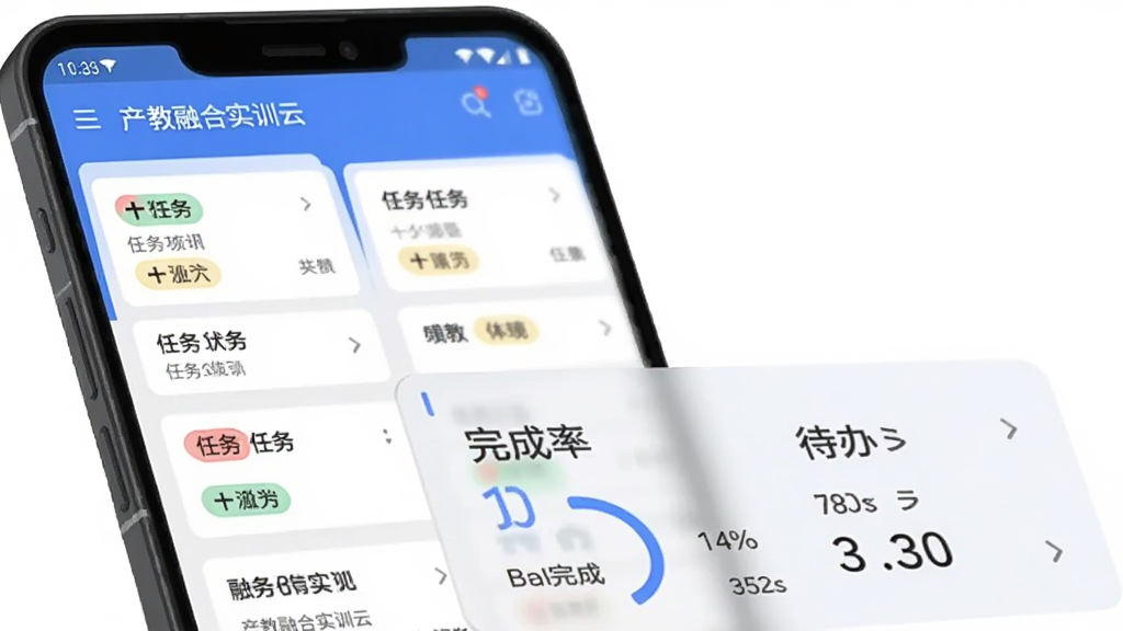 一部安卓手机竖屏展示“产教融合实训云”任务管理界面,屏幕上方有任务卡片列表,每张卡片标注状态标签。手机下方放置一个半透明的数据面板,显示完成率与待办数量。背景为纯白,风格为简洁扁平化商务插画,画质干净清晰,无多余装饰元素。