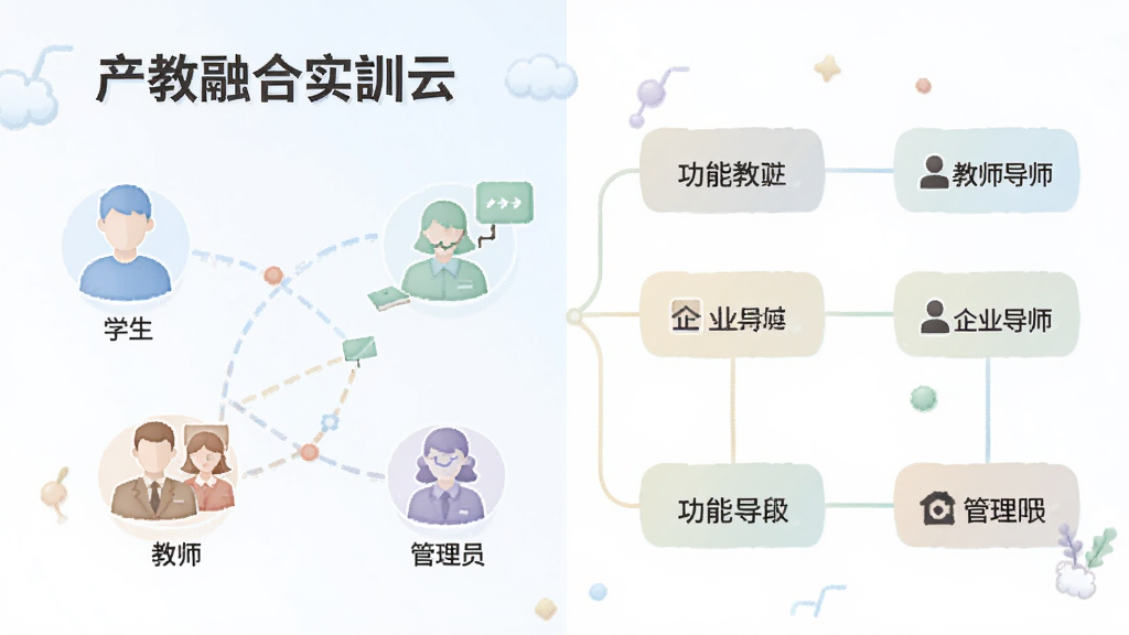一张信息图风格插画,画面左侧为“产教融合实训云”的角色权限示意图,用不同颜色的人物图标代表学生、教师、企业导师与管理员,右侧用简洁线条连接对应功能模块。整体采用柔和的浅色调,排版清晰,画质干净,无杂乱元素。