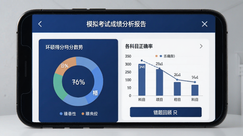 手机屏幕上显示“臻硕医考”模拟考试成绩分析报告,包含环形得分图、各科目正确率柱状图和错题回顾按钮,界面采用深蓝与白色搭配,数据可视化清晰,风格专业,画质干净
