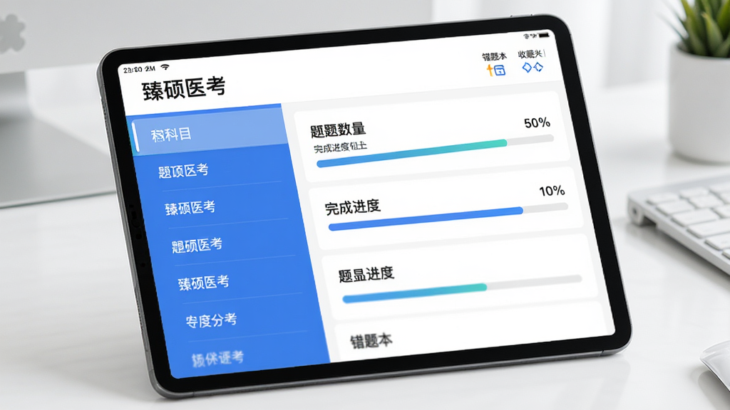 平板电脑上展示“臻硕医考”题库分类页面,左侧为科目列表,右侧显示题目数量和完成进度条,页面中有错题本和收藏夹图标,整体布局清晰,风格现代简约,画质干净,无杂乱元素
