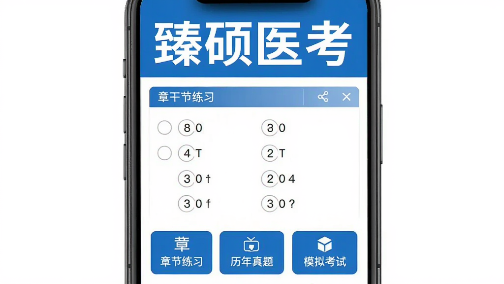 手机屏幕中显示医学考试刷题界面,页面上方有“臻硕医考”四个大字,中间是选择题答题区域,下方排列着章节练习、历年真题、模拟考试三个功能按钮,整体采用蓝白配色,风格简洁专业,画质清晰,干净无多余元素