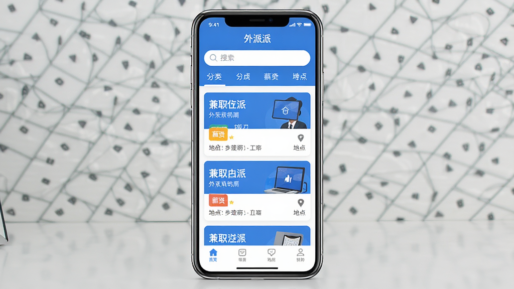 一张手机应用界面展示图,画面中央是一部竖屏智能手机,屏幕上显示“外派派”APP首页,顶部有搜索框和分类标签,中部为兼职岗位卡片列表,底部为导航栏,整体布局清晰,采用蓝白配色风格,细节包括岗位名称、薪资标签和地点信息,画质清晰干净,无多余元素