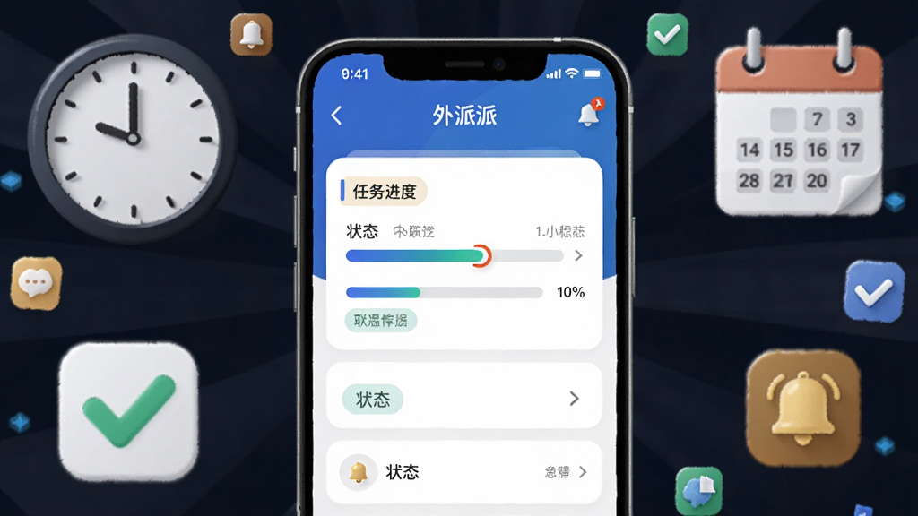 一幅AI生成的场景图,画面中心是“外派派”APP的任务进度页面截图样式,周围环绕着时钟、日历、对勾图标等元素,布局采用中心放射状,风格为现代科技感,细节包括进度条、状态标签和提醒铃铛,画质清晰,干净整洁,无多余元素