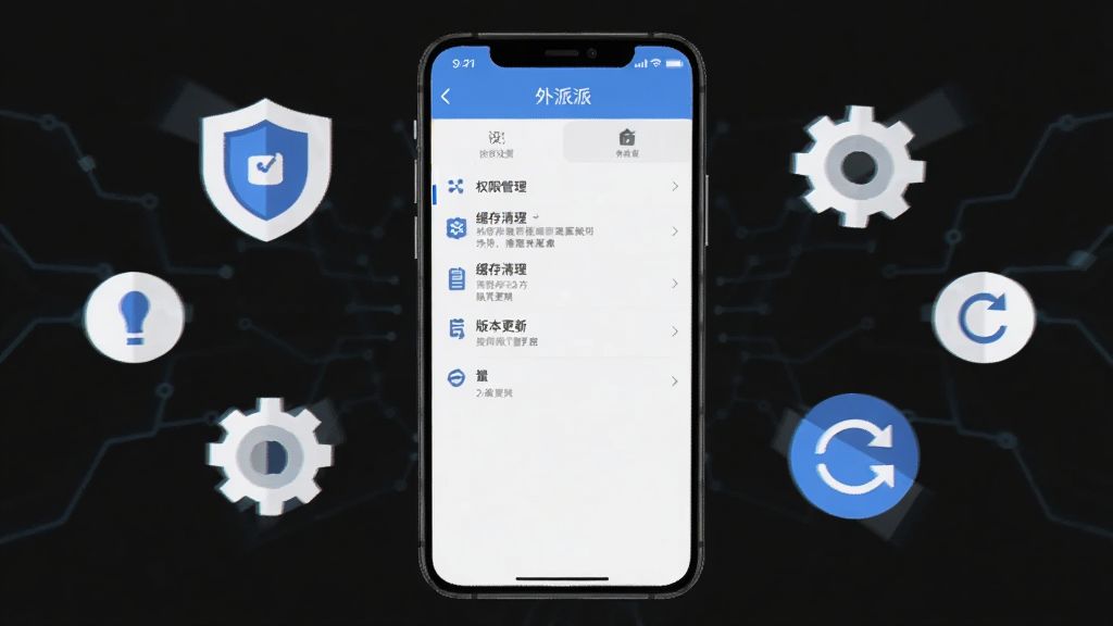 一部手机屏幕显示“外派派”APP的设置页面,页面中包含权限管理、缓存清理、版本更新等选项,手机周围有盾牌、齿轮、刷新箭头等小图标环绕,布局为居中构图,风格为扁平化科技风,细节包括清晰的菜单文字和图标,画质清晰,干净整洁,无多余元素