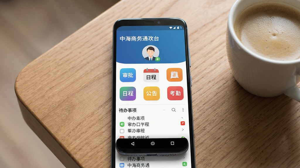 一部安卓手机特写,屏幕显示“中海商务通”工作台界面,上方有欢迎语和头像,中部排列审批、日程、公告、考勤等彩色功能图标,下方显示待办事项列表,手机放置在木质桌面上,旁边有一杯咖啡,光线柔和,构图居中,商务简约风格,画面干净,画质清晰,无多余元素