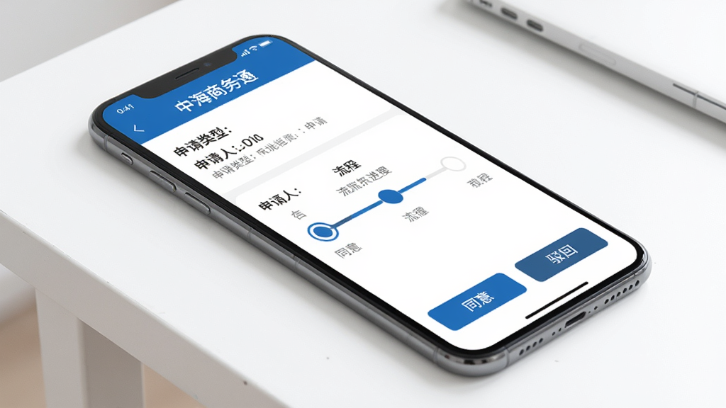 手机屏幕展示“中海商务通”审批详情页面,页面顶部显示申请类型和申请人信息,中部有流程节点进度条,底部有同意与驳回按钮,界面以蓝色和白色为主,手机斜放在白色桌面上,背景简洁,画质干净,无多余元素,商务风格