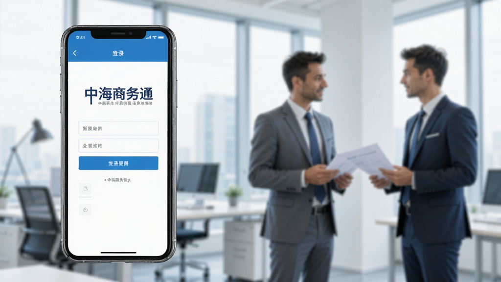 一张横版商务风格图片,画面左侧是一部手机展示“中海商务通”登录界面,右侧是模糊的办公场景背景,有几位穿着职业装的人在讨论工作,画面色调以蓝色和灰色为主,光线明亮,构图平衡,画质干净,无多余元素