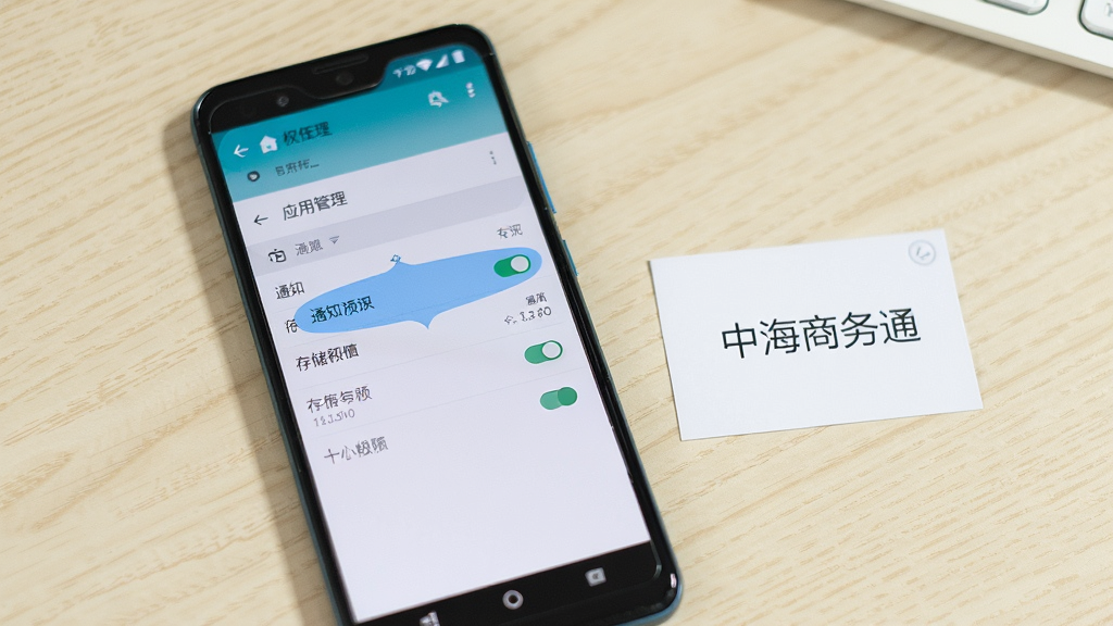一张展示安卓手机设置界面的图片,屏幕中显示应用权限管理页面,突出通知权限和存储权限开关,手机旁放着一张写有“中海商务通”字样的小卡片,背景为浅色桌面,光线均匀,画质干净,无多余元素