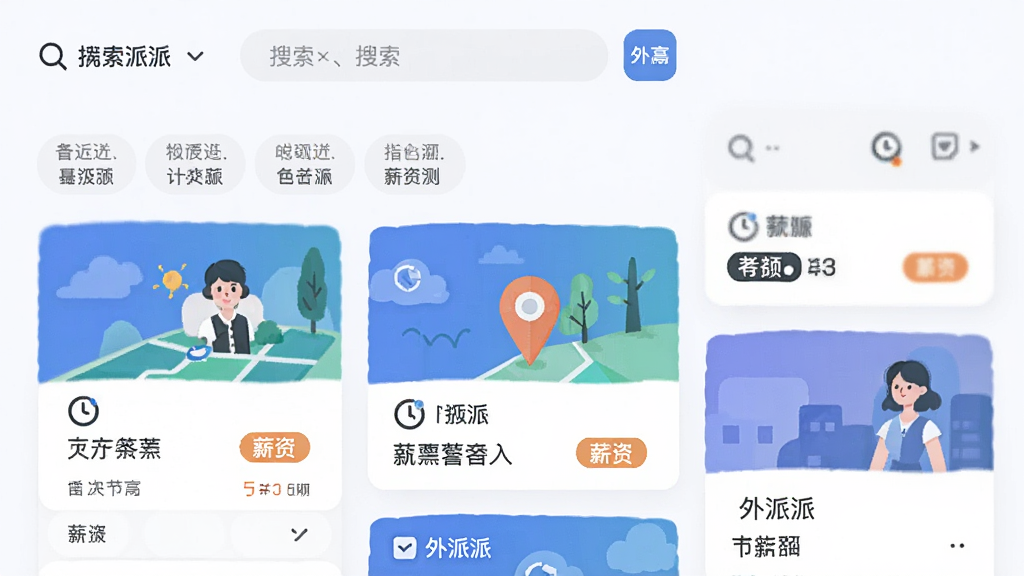 一幅AI生图,主体为“外派派”应用内的岗位瀑布流界面,布局为纵向滚动列表,排版包含搜索栏、筛选标签和岗位卡片,风格为扁平化插画,细节有地图定位图标、时钟图标和薪资标签,画质清晰,干净,无多余元素