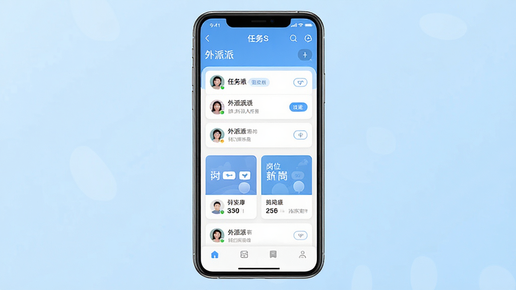 一张展示“外派派”手机应用主界面的预览图,画面中央是一部竖直放置的智能手机,屏幕内显示任务列表与岗位卡片,背景为浅蓝色渐变,布局采用居中构图,风格简洁现代,细节包含圆形头像、标签按钮和底部导航栏,画质清晰,干净,无多余元素