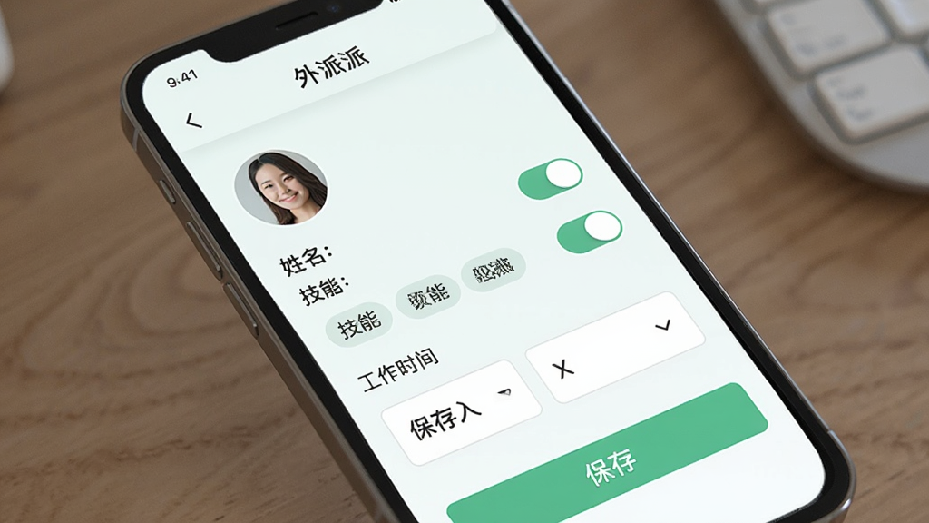 一张展示“外派派”个人资料编辑页面的AI生图,主体为手机屏幕内的表单界面,布局从上到下依次为头像、姓名、技能标签和工作时间选择,风格为清新浅色,细节包含开关按钮、下拉菜单和保存按钮,画质清晰,干净,无多余元素